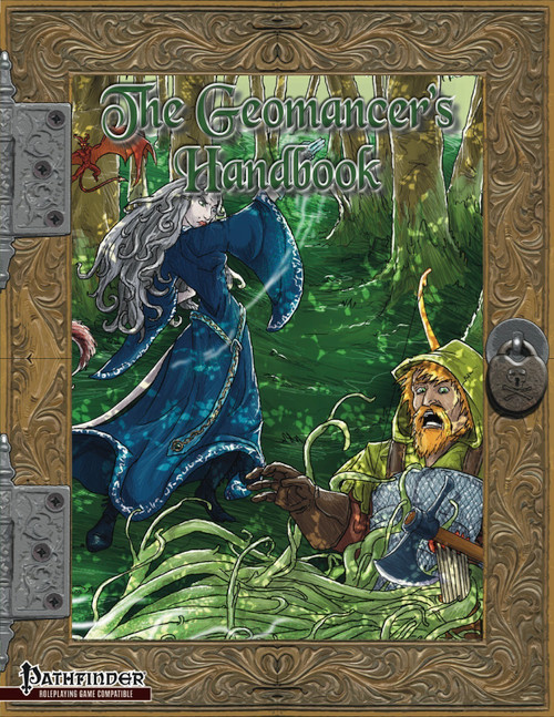 The Geomancer's Handbook PFRPG PDF cover, featuring a fantasy woman in blue and a man in green, surrounded by forest foliage, with the Pathfinder logo, a 144-page PDF guide for the tabletop fantasy role-playing game.
