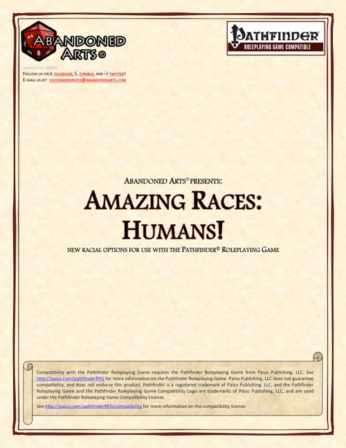 Amazing Races: Humans! PDF cover featuring Pathfinder content on a beige background, logos, and text, including new racial options, human character traits, and a Siegemaster archetype for the Pathfinder Roleplaying Game.