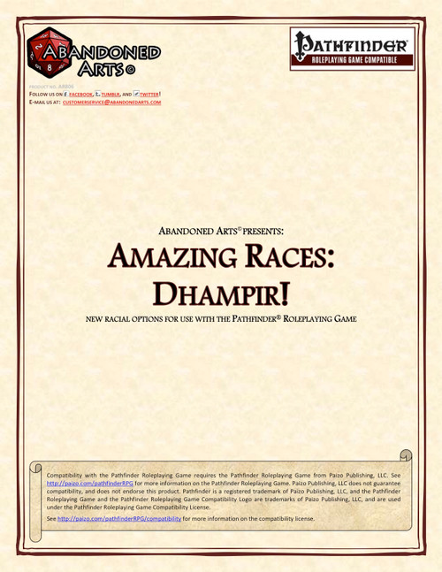Amazing Races: Dhampir! PDF cover, a high-quality, 2-page document featuring Pathfinder RPG content, including dhampir racial feats, character traits, and an archetypal Pale Rider gunslinger, with Abandoned Arts and Pathfinder branding.