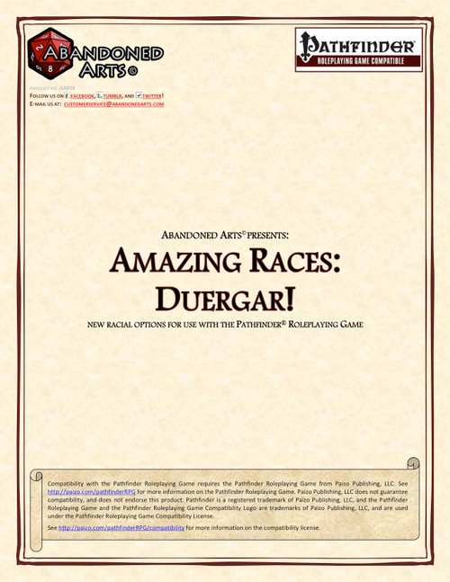 Amazing Races: Duergar! PDF, a Pathfinder RPG supplement, beige cover, brown border, introducing new racial options for duergar characters, including feats, traits, and archetypes.