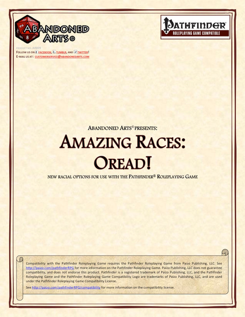 Pathfinder roleplaying game supplement Amazing Races: Oread! PDF featuring oread character options and racial feats in a beige and brown design, compatible with Advanced Race Guide.