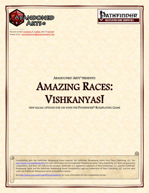 Amazing Races: Vishkanya! PDF cover, beige and brown design, Pathfinder Roleplaying Game compatible, featuring new vishkanya racial options and artwork, created by Abandoned Arts for Pathfinder Adventure Path enthusiasts, 6 x 9 inch size.