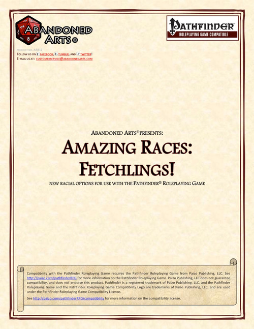 Amazing Races: Fetchlings! Pathfinder PDF covers featuring new fetchling racial feats, character traits, and arcane archetypes with Abandoned Arts and Pathfinder logos in a beige and brown design, suitable for RPG players.