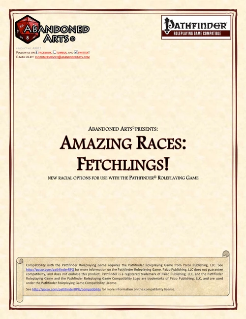 Amazing Races Fetchlings PDF cover, featuring the Pathfinder Roleplaying Game compatibility logo. Abandoned Arts' design for the Fetchlings PDF includes logos and branding in a digital format, highlighting new fetchling racial options.