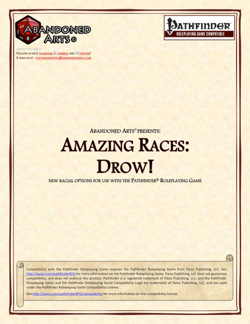 Amazing Races: Drow! PDF cover featuring Pathfinder Roleplaying Game content on a beige background, showcasing Drow racial options, logos, and new archetype Malus for Drow magi.