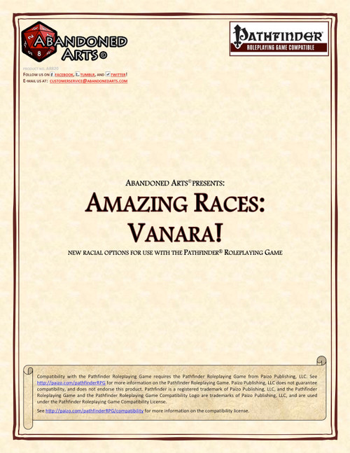 PDF cover featuring Amazing Races: Vanara!, a Pathfinder Roleplaying Game accessory with high-quality content for Vanara characters, including archetypes, feats, and traits, on a beige background with a brown border.