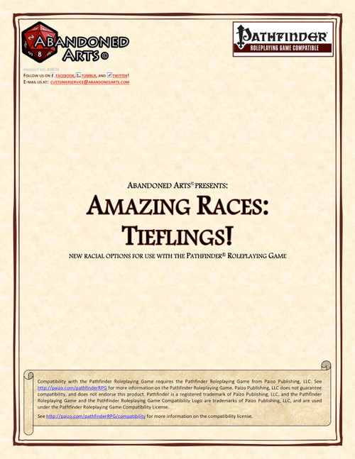 Amazing Races: Tieflings! PDF, a Pathfinder supplement for tiefling characters, featuring new racial feats, traits, and an archetype, on a beige background with brown borders, showcasing Abandoned Arts and Pathfinder logos.