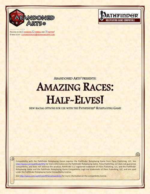 Amazing Races: Half-Elves! Pathfinder supplement PDF features Pathfinder logos and Abandoned Arts branding on a tan background, showcasing new racial options and half-elven enhancements in a two-page, high-quality PDF document.