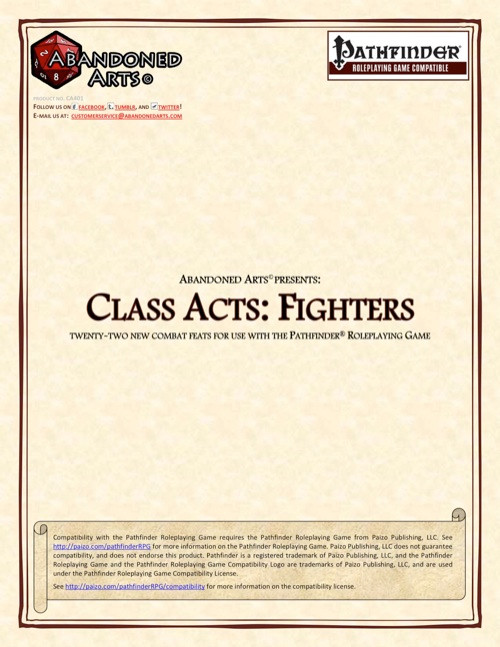 Pathfinder combat feats, 'Class Acts: Fighters PDF' by Abandoned Arts, 22 new fighter abilities in a parchment-style layout featuring logos and text in a compact format, suitable for Pathfinder Roleplaying Game, PDF layout.