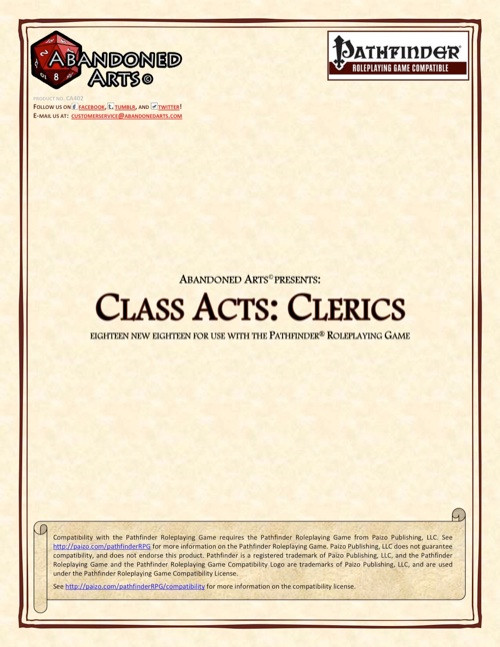 Pathfinder Roleplaying Game supplement Class Acts: Clerics PDF by Abandoned Arts, featuring 18 cleric subdomains on beige background with red border and logo design.