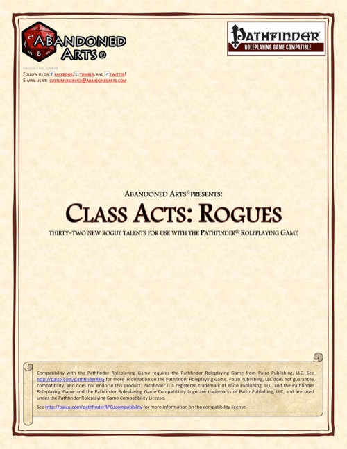 Pathfinder Roleplaying Game PDF featuring "Class Acts: Rogues", a 32-page parchment-style design book with Abandoned Arts and Pathfinder logos, containing new rogue talents for base classes and core gameplay mechanics.