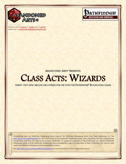 Class Acts: Wizards PDF cover, featuring beige background with brown border, Pathfinder logo, and Abandoned Arts branding, displaying 32 new arcane discoveries from Ultimate Magic sourcebook.