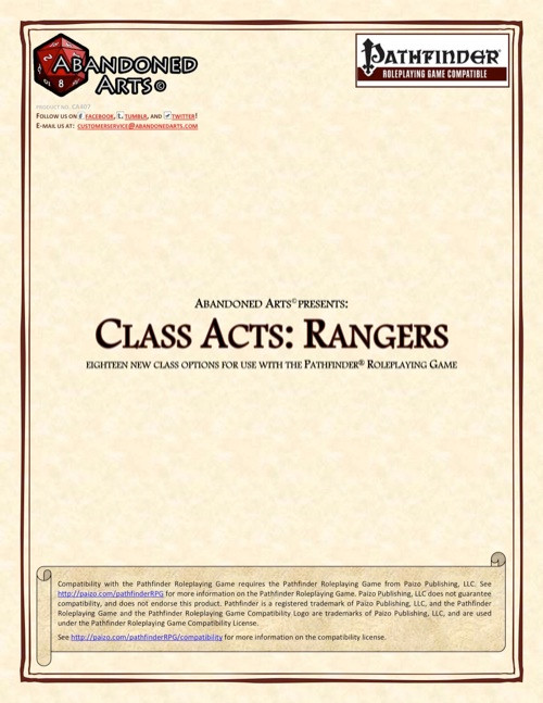 Pathfinder Roleplaying Game PDF cover featuring Class Acts: Rangers by Abandoned Arts with beige background, brown border, and Pathfinder logo, highlighting 18 new character options, 15 feats, and 3 combat styles.