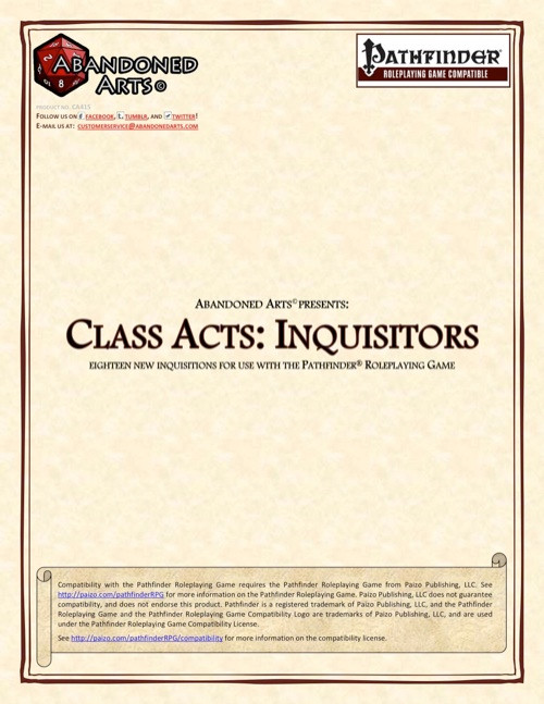 A Pathfinder Roleplaying Game PDF cover, featuring Class Acts: Inquisitors, a high-quality guide with inquisitor-specific domains, 18 new inquisitions, and alternate core class options, compatible with Ultimate Magic sourcebook and the Pathfinder Adventure Game.