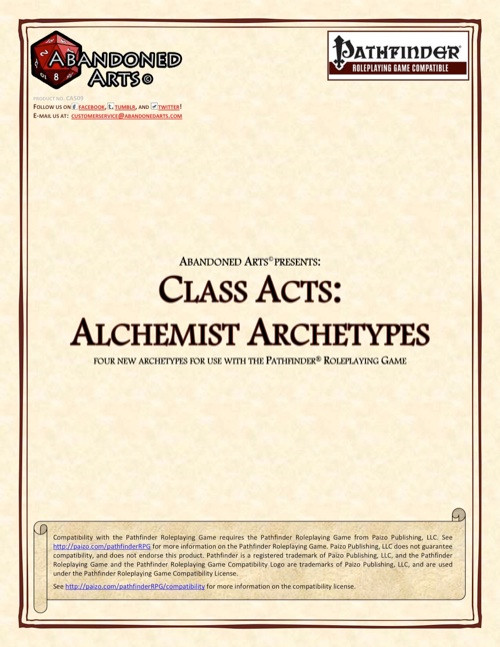 Class Acts: Alchemist Archetypes PDF, Pathfinder roleplaying game supplement, beige cover, featuring four alchemist archetypes: Alchemical Apothecary, Black Powder Bomber, Brewmeister, and Herbalist, published by Abandoned Arts.