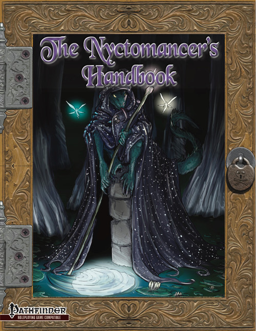 The Nyctomancer's Handbook PDF cover features a hooded figure in a starry robe wielding a staff inside a gold ornate frame with the Pathfinder logo, conveying a fantasy and mysticism theme in a digital format PDF.