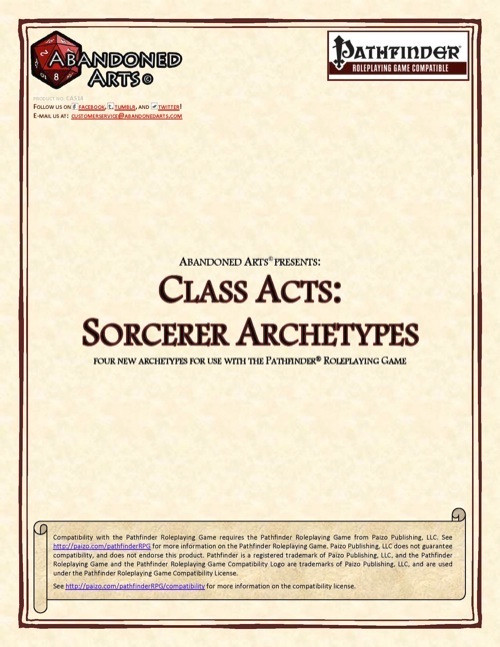 Class Acts: Sorcerer Archetypes PDF by Abandoned Arts features four sorcerer archetypes, including Blood Mage and Deathless Sorcerer, on a beige background with Pathfinder RPG branding.
