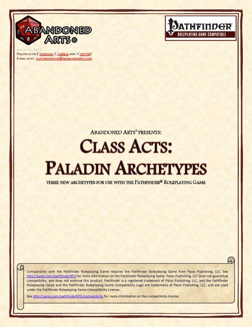 Class Acts: Paladin Archetypes PDF by Abandoned Arts, featuring three Pathfinder paladin archetypes in a beige background with a brown border, 18 x 12 inches, high-quality content within two pages.