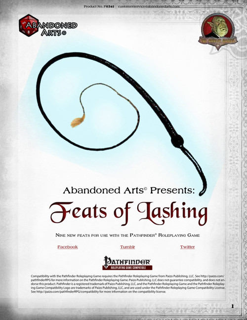 Feats of Lashing PDF, a Pathfinder roleplaying game supplement featuring nine whip and chain feats from Abandoned Arts, showcasing artwork on a white background with a gray border.