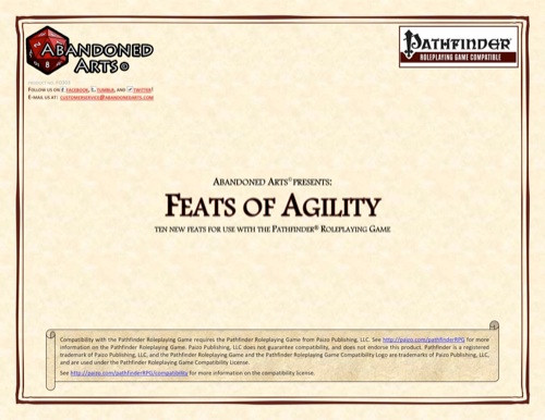 Pathfinder RPG Feats of Agility PDF supplement, a beige-toned document featuring ten acrobatics feats, including Acrobatic Dodge and Quick Leap, designed for the Pathfinder Roleplaying Game system.