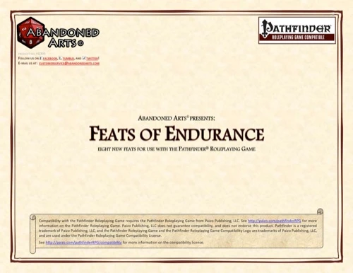 Pathfinder Roleplaying Game supplement Feats of Endurance PDF, a 1-page PDF with 8 new feats, featuring Enduring Faith, Improved Endurance, and Survivalist, with a vintage design and beige background with brown borders and logos.