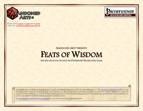 Pathfinder Roleplaying Game Feats of Wisdom PDF features eight new Wisdom-based feats, including Collective Vision and Wise Warrior, on a beige background with a brown border, 1-page contents.
