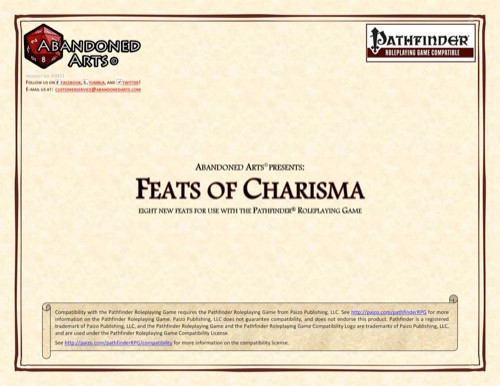 Feats of Charisma PDF, an eight-page Pathfinder supplement featuring Charisma-based feats like Armed with Style and Hypnotic Suggestion, with parchment background, Abandoned Arts, and Pathfinder logos, in PDF format, on a digital page.