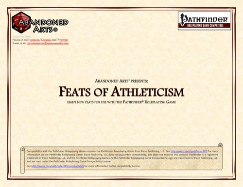 Feats of Athleticism PDF, an 8-page Pathfinder roleplaying game supplement, featuring visually appealing cover art with athletic illustrations in a predominantly monochromatic color scheme and a rectangular shape. Suitable for tabletop gaming enthusiasts.