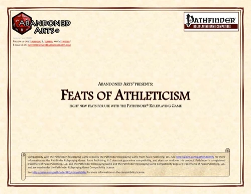 Feats of Athleticism PDF for Pathfinder Roleplaying Game, an 8-page digital layout with parchment design, featuring 8 athletic feats, including logo of Abandoned Arts, Pathfinder, and colorful illustrations.