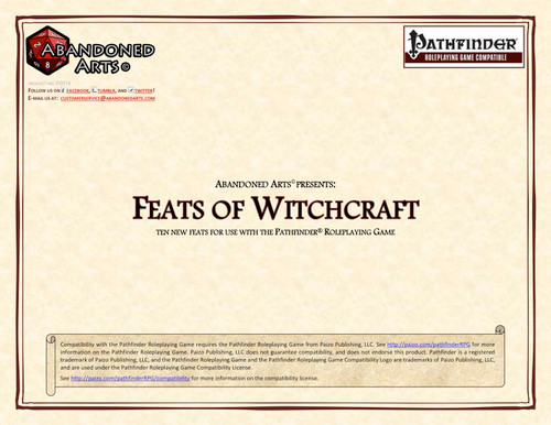 Pathfinder Roleplaying Game PDF, Feats of Witchcraft, featuring ten themed feats, including Eerie Presence and Witch of the Wilds, on a parchment background, with logos and compatibility text, for the Pathfinder RPG.