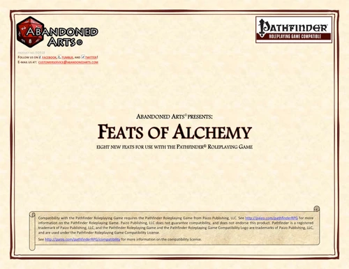 Pathfinder Roleplaying Game supplement, Feats of Alchemy PDF, by Abandoned Arts, featuring eight alchemical feats, including Alchemical Cocktail and Mutagenic Alchemy, with vintage-style design in brown and cream tones.