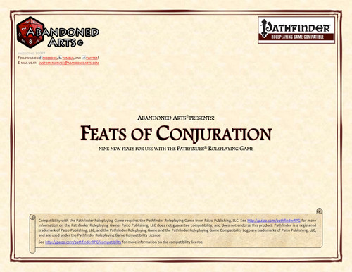 Pathfinder Roleplaying Game supplement, Feats of Conjuration PDF, a themed feats collection by Abandoned Arts, featuring nine conjuration feats on a parchment background.