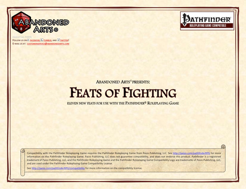 Feats of Fighting, a Pathfinder Roleplaying Game supplement, featuring 11 new combat feats for warriors, with an abandoned arts logo and red bordered parchment background, published by Abandoned Arts and Wizards of the Coast.