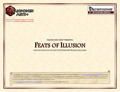 A high-quality PDF cover featuring 'Feats of Illusion' in a parchment-style layout with logos, title, and text, showcasing a new set of illusion magic feats for the Pathfinder Roleplaying Game, in a full-page format.