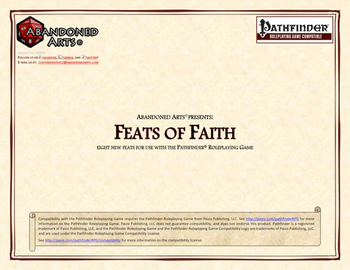 Feats of Faith PFRPG PDF, an 8-page supplement featuring new feats for domain-using characters, presented in a parchment-style layout with logos and text in brown and black ink on a single sheet of paper.