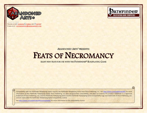 Feats of Necromancy PDF for Pathfinder Roleplaying Game, an 8-page supplement featuring 8 necromancy feats, presented in a parchment-style layout with the Abandoned Arts logo, with Pathfinder Roleplaying Game branding.