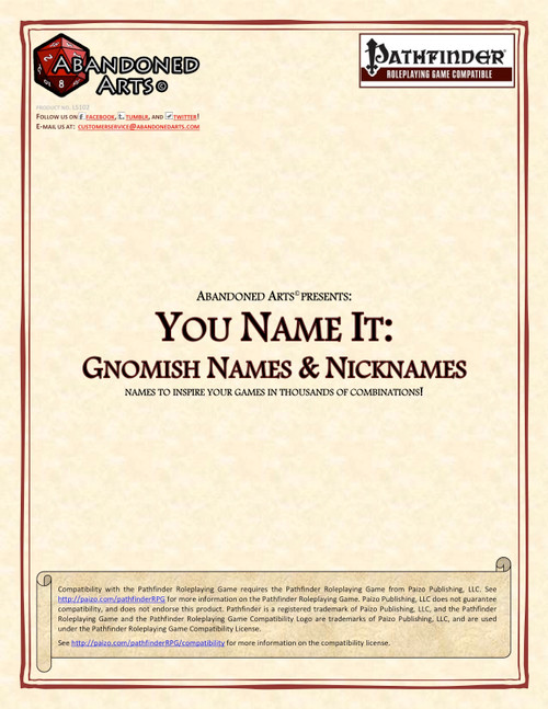 A Pathfinder compatible PDF featuring 100 male, 100 female gnomish names, and 100 nicknames, presented on percentile tables for NPCs, locations, and plot point generation with Abandoned Arts branding.