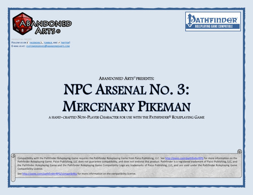 Pathfinder RPG character sheet, NPC Arsenal No. 3: Mercenary Pikeman PDF, showcasing a defensive human fighter with blue border, from Abandoned Arts, a PDF designed for game masters and GMs seeking challenging scenarios.