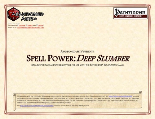 Spell Power: Deep Slumber PDF cover, a beige background with red border, featuring Abandoned Arts and Pathfinder logos, includes creature art and text in a digital format, size unknown, by Abandoned Arts Pathfinder RPG.