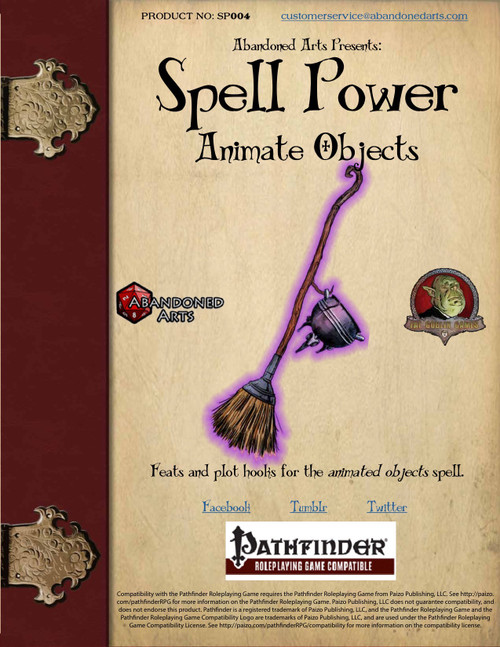 Pathfinder compatible Spell Power: Animate Object PDF cover features a broom with a purple glow on a beige background with maroon border and gold accents, promoting animated object spells and feats inside. 44 pages, PDF format, Pathfinder RPG compatible.