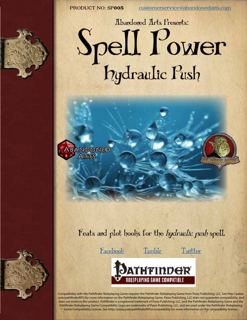 Hydraulic Push Spell Power PDF, a comprehensive Pathfinder RPG accessory with water splash graphics, beige and maroon design, including 6 new feats and plot hooks for immersive gameplay sessions, compatible with various water features.
