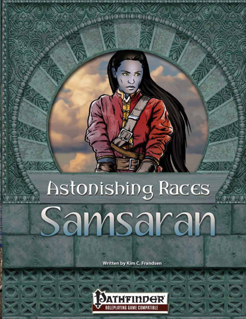 Astonishing Races: Samsaran PDF cover featuring a blue-skinned, black-haired woman in a red outfit against a green stone arch, with the Pathfinder logo, compatible with Pathfinder RPG, by Astonishing Adventures, a Samsaran racial expansion and review.