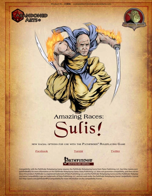 Amazing Races: Sulis! PDF cover featuring a suli character with swords and flames, Pathfinder Roleplaying Game content, by Abandoned Arts, vintage design, includes new archetypes and feats for character customization in PDF format, 3 full pages of content.