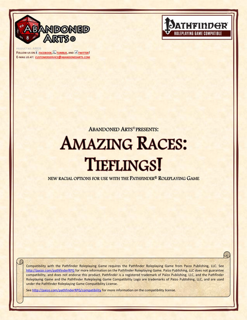 Amazing Races: Tieflings PDF, a Pathfinder Roleplaying Game supplement featuring tiefling character traits and racial feats, with high-quality content and a new tiefling summoner archetype, by Abandoned Arts brand.