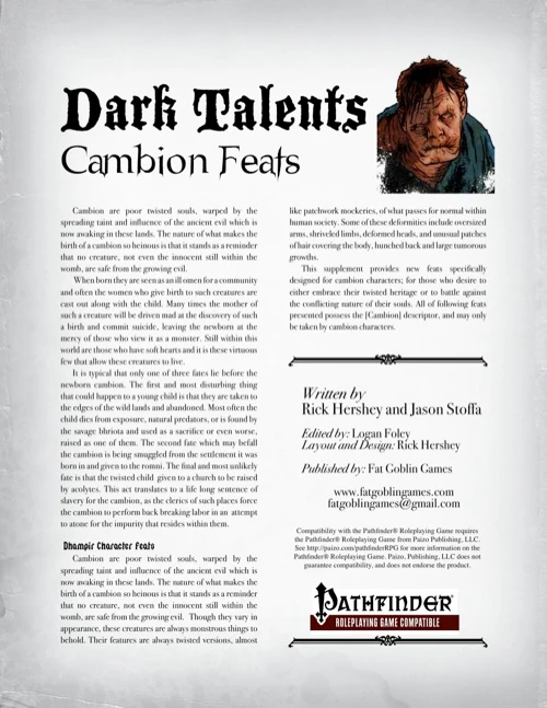 Dark Talents: Cambion Feats PDF by Fat Goblin Games, a 20-page supplement with monstrous feats for Shadows Over Vathak and Pathfinder Roleplaying Game. Cambion-themed features and malevolent influences in a fantasy role-play game setting.