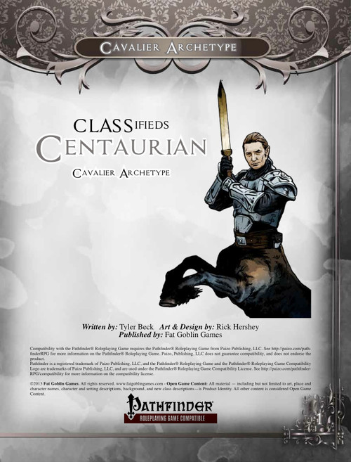 Centaurian Cavalier Archetype PDF published by Fat Goblin Games, for Pathfinder Roleplaying Game, featuring a centaur warrior in armor holding a sword with grey and black design elements in a compact digital format.