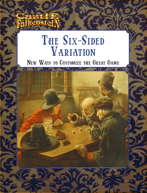Castle Falkenstein PDF cover featuring four men playing dice game, customizing the Great Game with ornate blue and gold design, showcasing rules with six-sided dice.