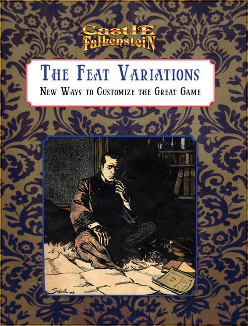 Castle Falkenstein game customization PDF cover featuring a man with cards, set against an ornate brown background with blue floral patterns, showcasing game variations rules and strategies for card play.