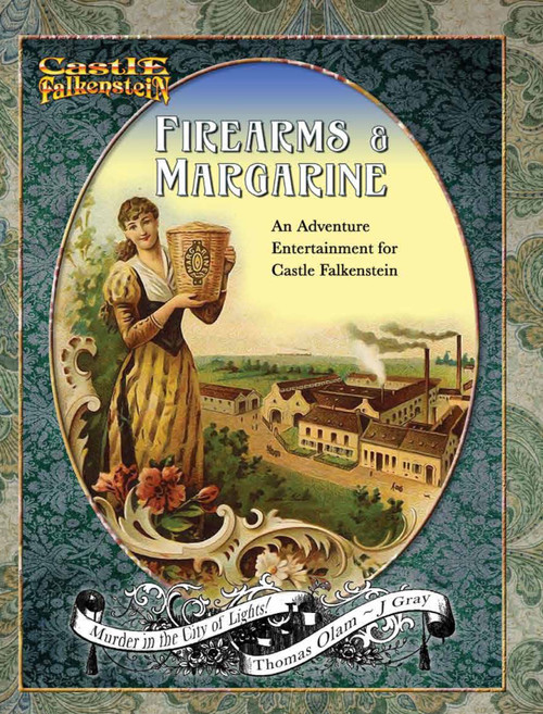 Castle Falkenstein: Firearms & Margarine PDF cover, featuring a woman holding a margarine tub against a cityscape backdrop with a factory in the distance, part of an adventure entertainment game about murder mystery and faerie labor movement.