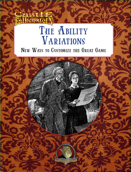  Castle Falkenstein: The Ability Variations PDF, a Victorian-era styled cover featuring a couple, with the title and Castle Falkenstein logo in blue and gold text on an orange and red floral background.